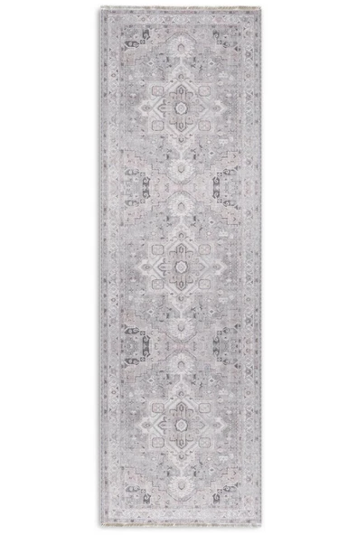 Pastel Home Eskitme gri bej şönil halı kilim yolluk kendinden saçaklı madalyon desen yıkanabilir kaymaz taban - Resim 5