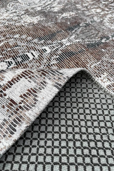 Pastel Home Kahverengi Tasarım Şönil Halı Kilim Yolluk Kaymaz Saçaklı Yıkanabilir Salon Mutfak Koridor - Resim 5