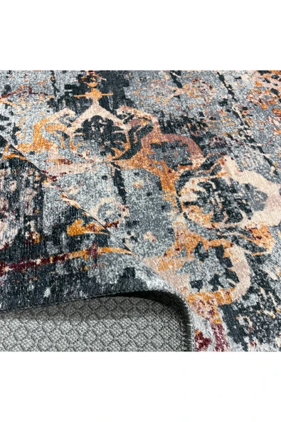 Pastel Home Gri Antrasit Eskitme Halı Yolluk Altın Sarısı, Yıkanabilir, Kaymaz Tabanlı, Kendinden Saçaklı - Resim 10