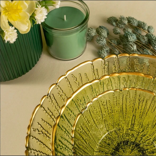 Fecra Rita 3'lü Cam Kase Seti Yeşil Altın Fileli - 5