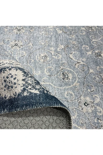 Pastel Home Açık Mavi Klasik Şönil Halı Kilim Yolluk Yıkanabilir Kaymaz Saçaklı - Resim 4