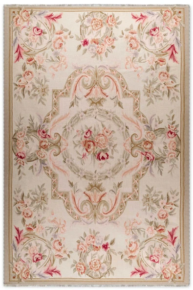 Pastel Home Tasarım Bej Klasik Çiçekli Şönil Halı Kilim Yolluk Kaymaz Saçaklı Yıkanabilir Salon Mutfak Koridor ürün görseli 1