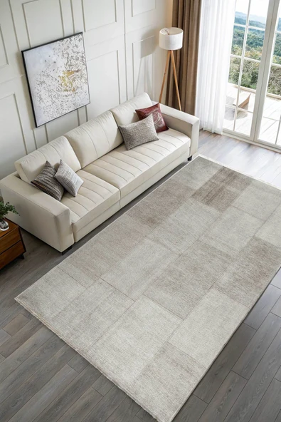 Pastel Home Bej Krem Patchwork Şönil Halı Kilim Yolluk Kaymaz Yıkanabilir Saçaklı Oturma Odası Mutfak Koridor - Resim 2