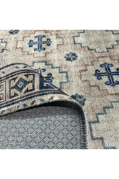 Pastel Home Bej Krem Etnik Şönil Halı Kilim Yolluk Kaymaz Yıkanabilir Saçaklı Koridor Mutfak Oturma Odası - Resim 4
