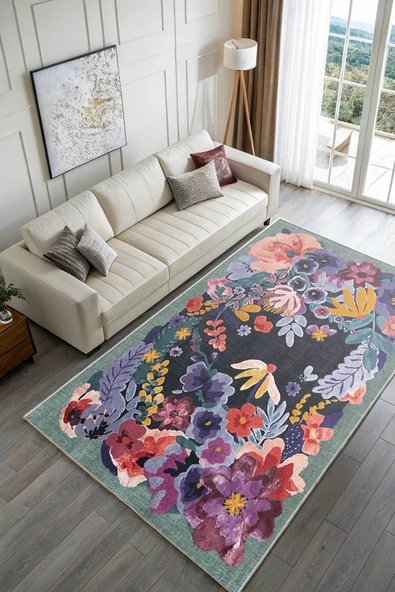 Pastel Home Kaşmir doku yumuşak kaymaz pamuk taban oturma odası salon mutfak koridor lacivert yeşil çiçekli halı - 2