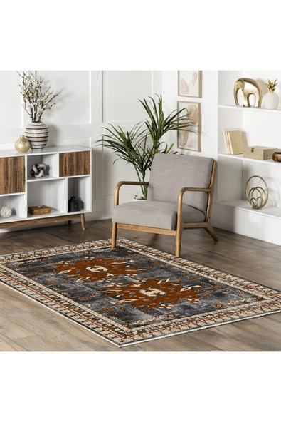 Pastel Home Antrasit Gri Kahve Şönil Halı Kilim Yolluk Kaymaz Yıkanabilir Saçaklı Koridor Antre Mutfak Salon - 5