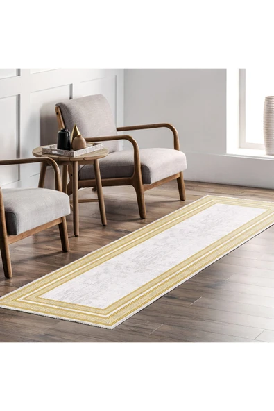 Pastel Home Altın Sarısı Çerçeveli Gri Şönil Halı Yolluk Kilim Salon Koridor Mutfak Kaymaz Yıkanabilir - 7
