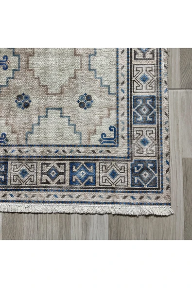 Pastel Home Bej Krem Etnik Şönil Halı Kilim Yolluk Kaymaz Yıkanabilir Saçaklı Koridor Mutfak Oturma Odası - Resim 2