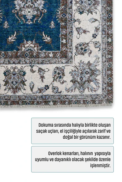 Pastel Home Mavi Klasik Şönil Halı Kilim Yolluk Yıkanabilir Kaymaz Oturma Odası Salon Mutfak Halısı - 3