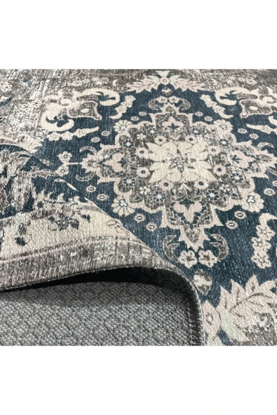 Pastel Home Bej Füme Klasik Desenli Vintage Şönil Halı Kilim Yolluk Kaymaz Yıkanabilir Saçaklı - 4