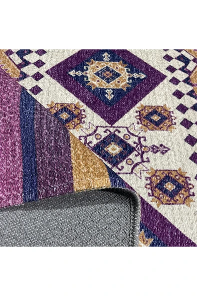Pastel Home Eskitme Mor Hardal Renkli Şönil Halı Kilim Yolluk Yıkanabilir Kaymaz Saçaklı - 4