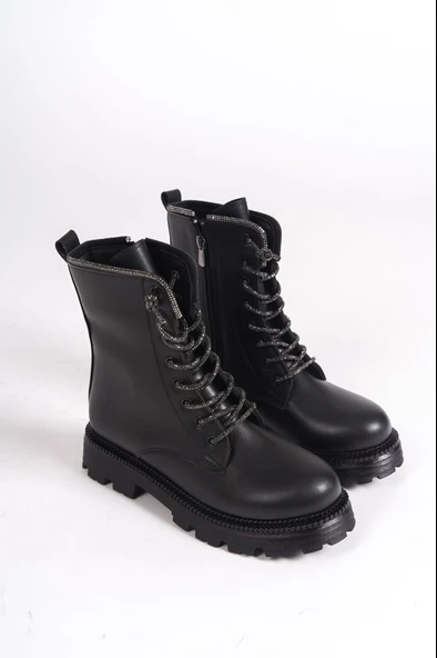 New Pamela Bağcıklı Fermuarlı Simli İp Kadın Siyah Deri Bot - Resim 4