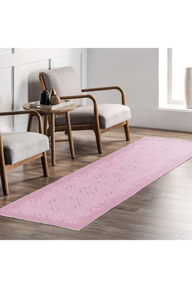 Pastel Home Modern Pembe Şönil Halı Kilim Yolluk Saçaklı Yıkanabilir Kaymaz Mutfak Koridor Salon Oturma Odası - 7