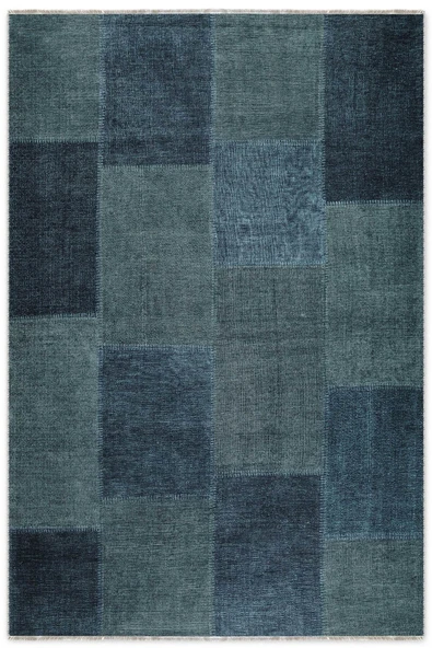 Pastel Home Mavi Denim Patchwork Tasarım Şönil Halı Kilim Yolluk Kaymaz Saçaklı Yıkanabilir Genç Odası Mutfak