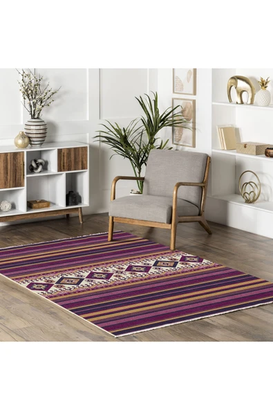 Pastel Home Eskitme Mor Hardal Renkli Şönil Halı Kilim Yolluk Yıkanabilir Kaymaz Saçaklı - 5