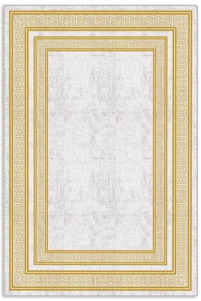 Pastel Home Altın Sarısı Çerçeveli Gri Şönil Halı Yolluk Kilim Salon Koridor Mutfak Kaymaz Yıkanabilir