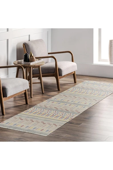 Pastel Home Bohem Tarzı Etnik Desenli Şönil Halı Kilim Yolluk Bej Renkli Çocuk Odası Oturma Odası Mutfak Kaymaz - 7