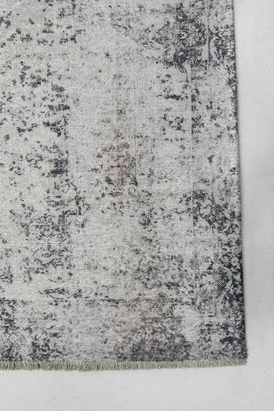 Pastel Home Vintage Bej Gri Şönil Halı Kilim Yolluk Kaymaz Yıkanabilir Saçaklı Salon Mutfak Koridor - Resim 2