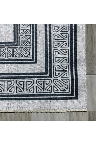 Pastel Home Gri Antrasit Çerçeveli Modern Şönil Halı Yolluk Kilim Salon Koridor Mutfak Kaymaz Yıkanabilir - Resim 2