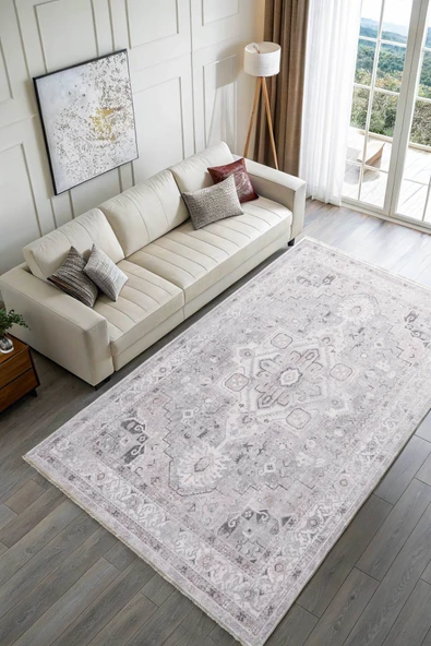 Pastel Home Eskitme gri bej şönil halı kilim yolluk kendinden saçaklı madalyon desen yıkanabilir kaymaz taban - Resim 2