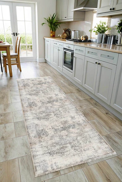 Pastel Home Vintage Bej Gri Şönil Halı Kilim Yolluk Kaymaz Yıkanabilir Saçaklı Salon Mutfak Koridor - Resim 6