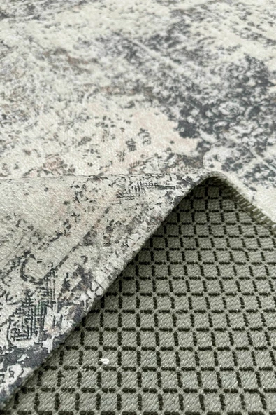 Pastel Home Vintage Bej Gri Şönil Halı Kilim Yolluk Kaymaz Yıkanabilir Saçaklı Salon Mutfak Koridor - Resim 4