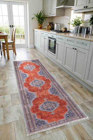 Pastel Home Kendinden saçaklı eskitme mavi turuncu kiremit şönil halı kilim yolluk klasik kaymaz yıkanabilir - Resim 6