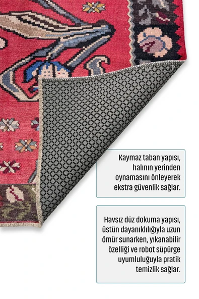 Pastel Home Pembe Kırmızı Eskitme Nostalji Anadolu Kilim Şönil Halı Yolluk Kaymaz Saçaklı Yıkanabilir - 4