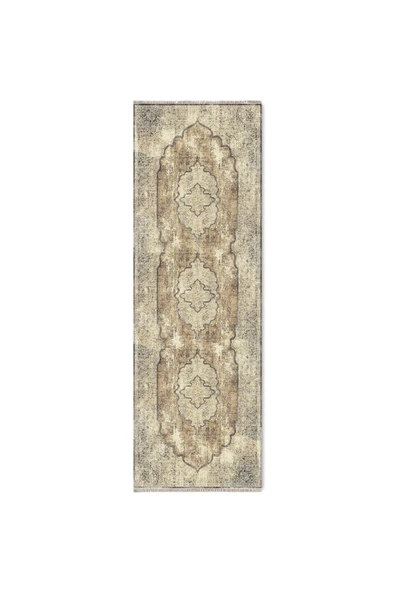 Pastel Home Bej Kahve Vintage Şönil Halı Kilim Yolluk Kaymaz Yıkanabilir Saçaklı Oturma Odası Koridor Mutfak - 6