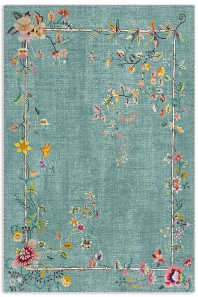 Pastel Home Kaşmir doku yumuşak kaymaz pamuk taban oturma odası salon mutfak koridor çiçekli yeşil halı kilim ürün görseli 1