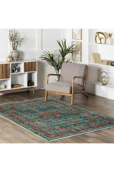 Pastel Home Vintage Yeşil Şönil Halı Kilim Yolluk Kaymaz Yıkabanilir Saçaklı Salon Mutfak Koridor - 5