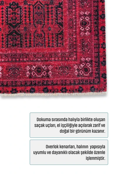 Pastel Home Tasarım Bordo Kırmızı Afgan Türkmen Şönil Halı Kilim Yolluk Kaymaz Yıkanabilir Salon Mutfak Koridor - Resim 3
