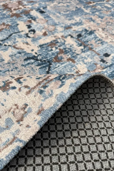 Pastel Home Bej Mavi Tasarım Şönil Halı Kilim Yolluk Kaymaz Yıkanabilir Saçaklı Oturma Odası Mutfak Koridor - 5