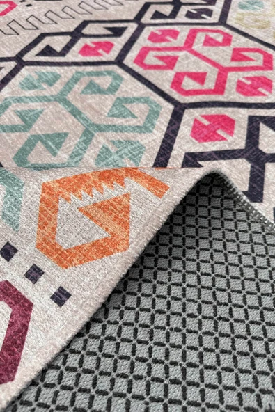 Pastel Home Bej Pembe Anadolu Kilim Modeli Şönil Halı Kilim Yolluk Kaymaz Yıkanabilir Salon Koridor Mutfak - 5