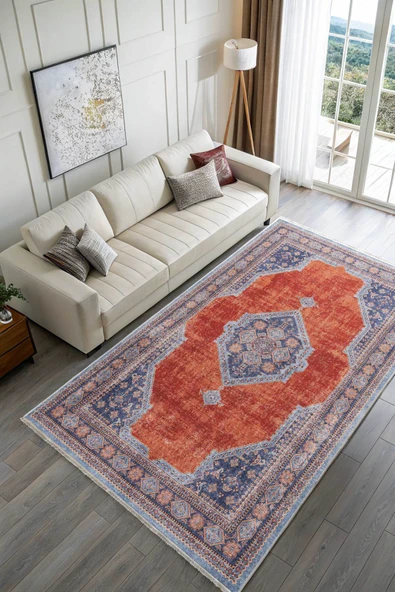 Pastel Home Kendinden saçaklı eskitme mavi turuncu kiremit şönil halı kilim yolluk klasik kaymaz yıkanabilir - Resim 2