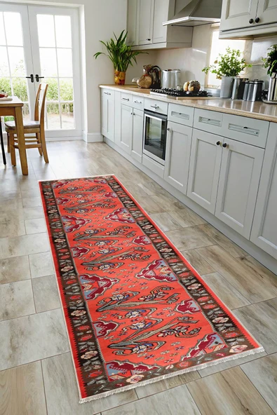 Pastel Home Pembe Kırmızı Eskitme Nostalji Anadolu Kilim Şönil Halı Yolluk Kaymaz Saçaklı Yıkanabilir - 7