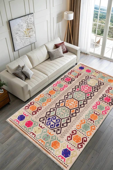Pastel Home Bej Pembe Anadolu Kilim Modeli Şönil Halı Kilim Yolluk Kaymaz Yıkanabilir Salon Koridor Mutfak - 2