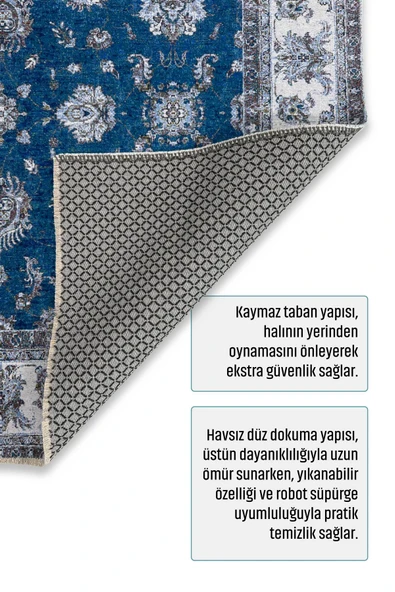 Pastel Home Mavi Klasik Şönil Halı Kilim Yolluk Yıkanabilir Kaymaz Oturma Odası Salon Mutfak Halısı - 4