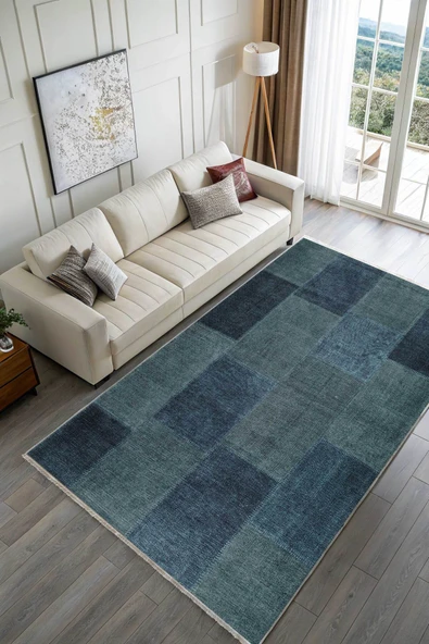 Pastel Home Mavi Denim Patchwork Tasarım Şönil Halı Kilim Yolluk Kaymaz Saçaklı Yıkanabilir Genç Odası Mutfak - 2