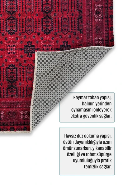 Pastel Home Tasarım Bordo Kırmızı Afgan Türkmen Şönil Halı Kilim Yolluk Kaymaz Yıkanabilir Salon Mutfak Koridor - Resim 4