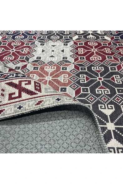 Pastel Home Ekru Bordo Antrasit Etnik Şönil Halı Kilim Yolluk Kaymaz Yıkanabilir Oturma Odası Mutfak Koridor - 4