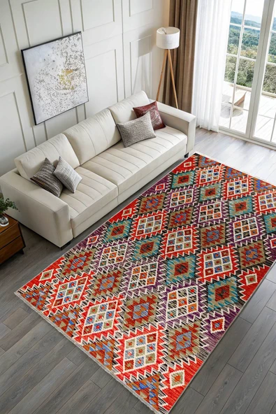 Pastel Home Renkli Anadolu Kilim Şönil Halı Yolluk Yıkanabilir Saçaklı Kaymaz Mutfak Koridor Oturma Yatak Odası - 2