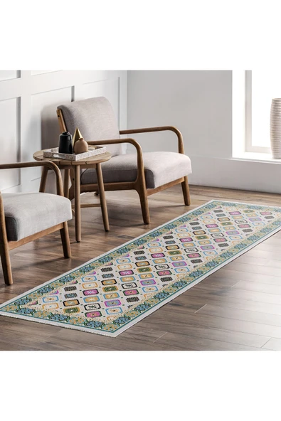 Pastel Home Renkli Etnik Desenli Bohem Şönil Halı Kilim Yolluk Kaymaz Yıkanabilir Salon Mutfak Koridor Çocuk Oda - Resim 7