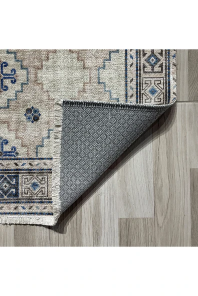 Pastel Home Bej Krem Etnik Şönil Halı Kilim Yolluk Kaymaz Yıkanabilir Saçaklı Koridor Mutfak Oturma Odası - Resim 3