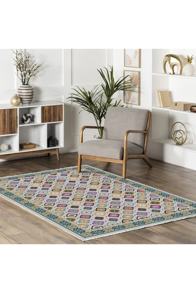 Pastel Home Renkli Etnik Desenli Bohem Şönil Halı Kilim Yolluk Kaymaz Yıkanabilir Salon Mutfak Koridor Çocuk Oda - Resim 5