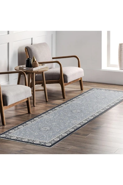 Pastel Home Açık Mavi Klasik Şönil Halı Kilim Yolluk Yıkanabilir Kaymaz Saçaklı - Resim 7
