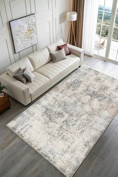 Pastel Home Vintage Bej Gri Şönil Halı Kilim Yolluk Kaymaz Yıkanabilir Saçaklı Salon Mutfak Koridor - Resim 5