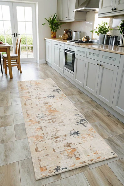 Pastel Home Kaşmir doku yumuşak kaymaz pamuk taban oturma odası salon mutfak koridor sarı lacivert bej halı - 6