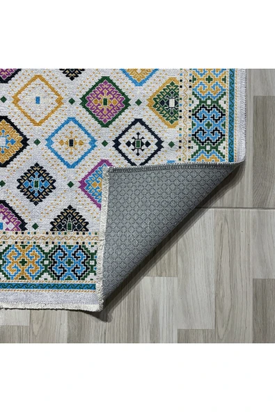 Pastel Home Renkli Etnik Desenli Bohem Şönil Halı Kilim Yolluk Kaymaz Yıkanabilir Salon Mutfak Koridor Çocuk Oda - Resim 3