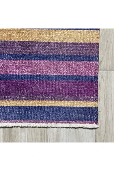 Pastel Home Eskitme Mor Hardal Renkli Şönil Halı Kilim Yolluk Yıkanabilir Kaymaz Saçaklı - 2